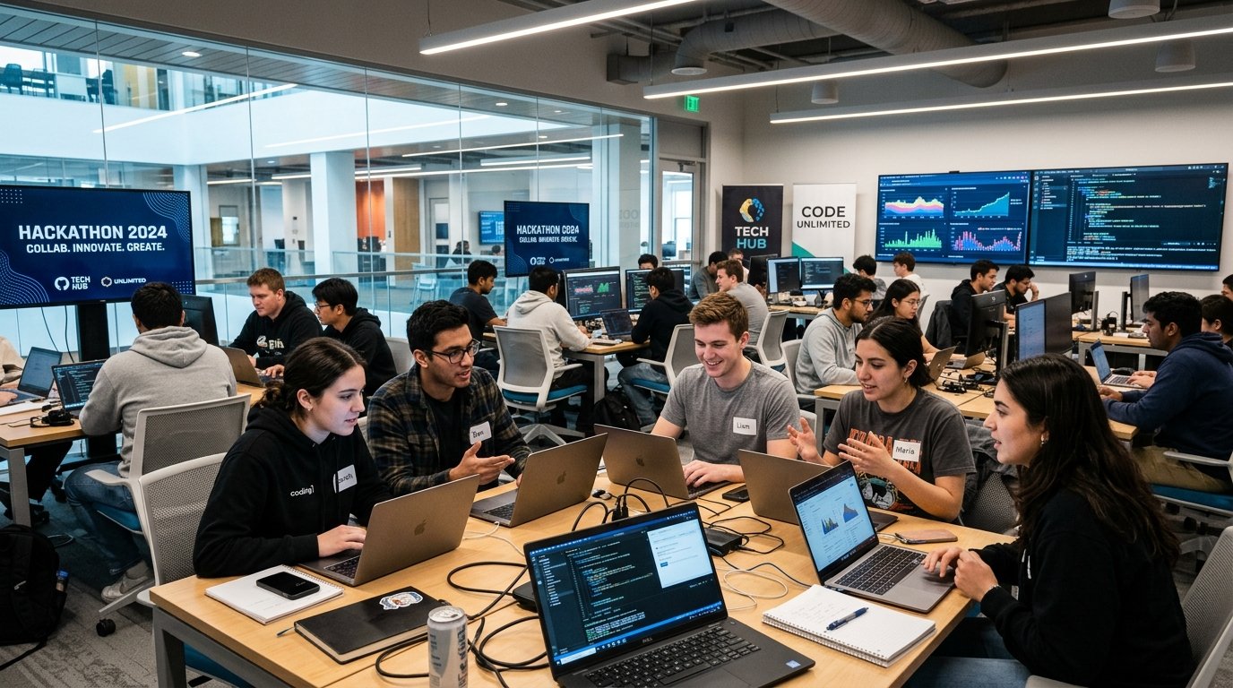 Technical hackathon lab where students collaborate on laptops