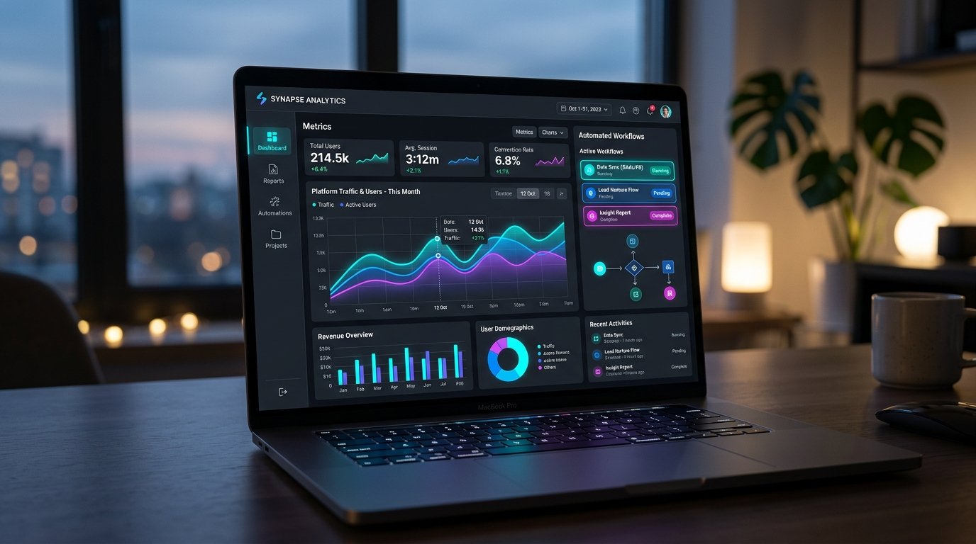 Laptop screen mockup exhibiting dark themed corporate KPI dashboard