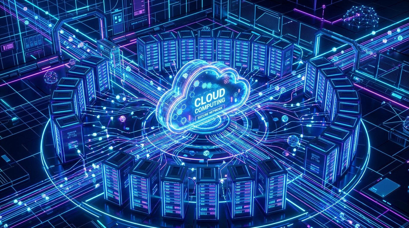 Cloud server network racks illuminated with blue neon glows