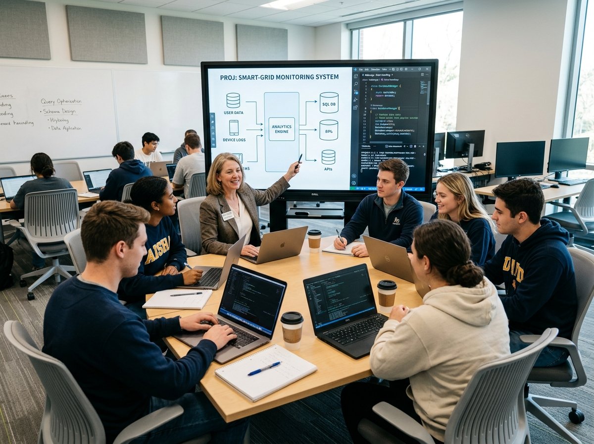 Students and professor collaborating on smart grid data project in classroom