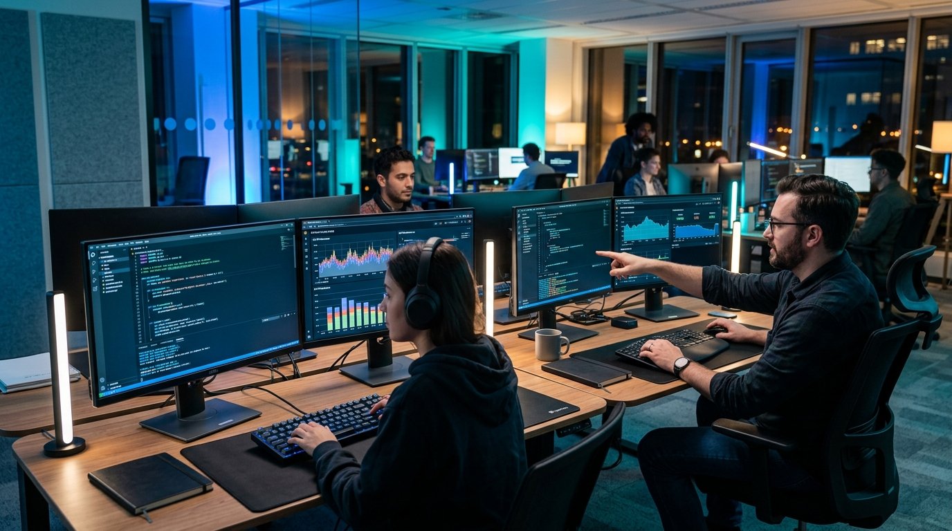 Developers collaborating on dual monitor code setups