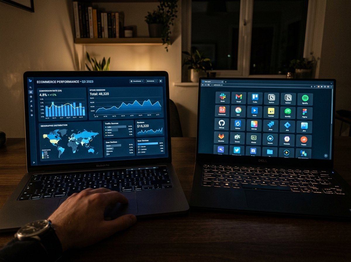 Dual laptops showing analytics graphs and application portal dashboard